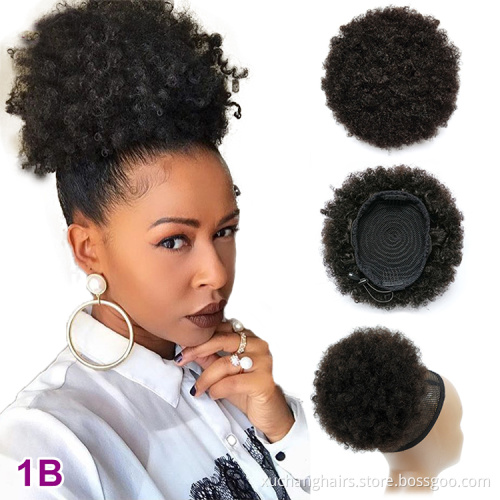 Natural Human Hair Afro Puff Hairpiece Virgin Brazilian Hair Bun Afro Puff Kinky Curly Drawstring Ponytail Hair Extensions